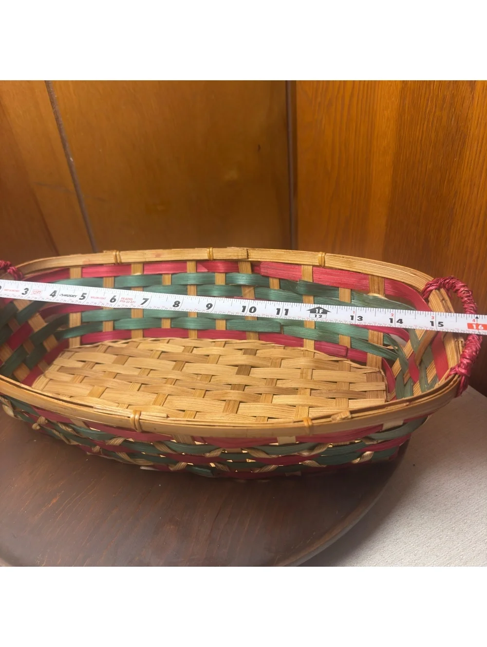 Vintage Christmas Woven Basket Red Green Natural Bamboo Holiday Serving Basket